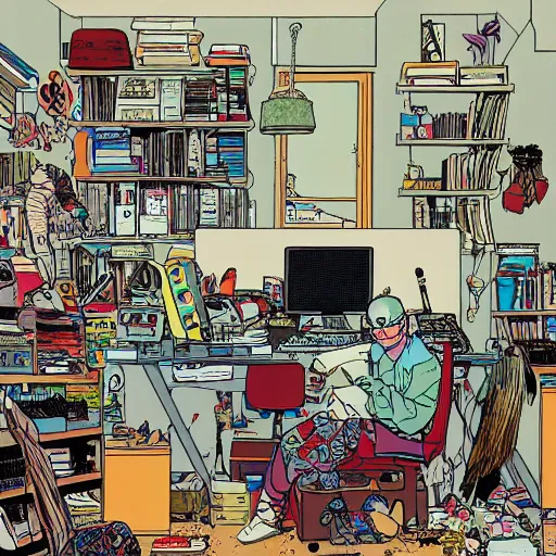 Image similar to goth nerd sitting at a computer in a cluttered room, by geof darrow, geof darrow art,