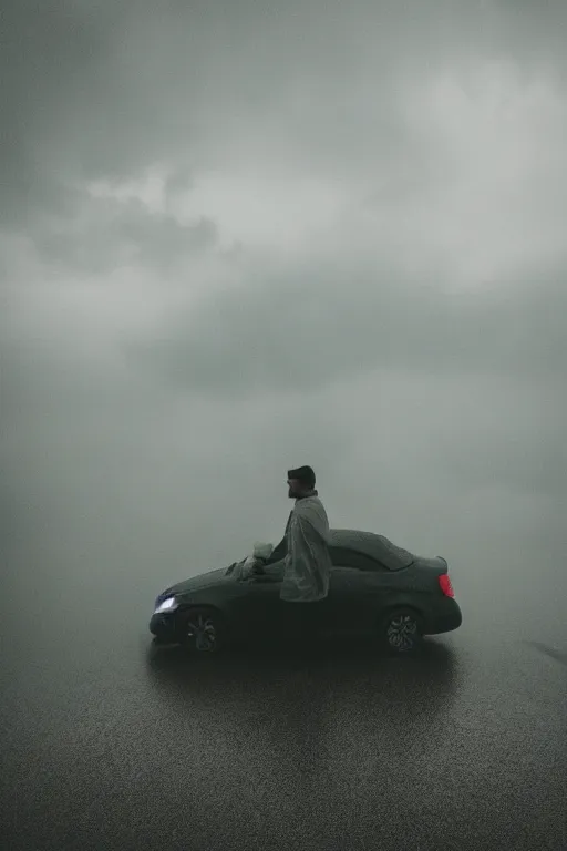 Image similar to Photo of a man sitting on the grey color car roof in the heavy rain at the city that sank , outdoor lighting, dynamic lighting, volumetric, wide angle, anamorphic lens, go pro, 4k