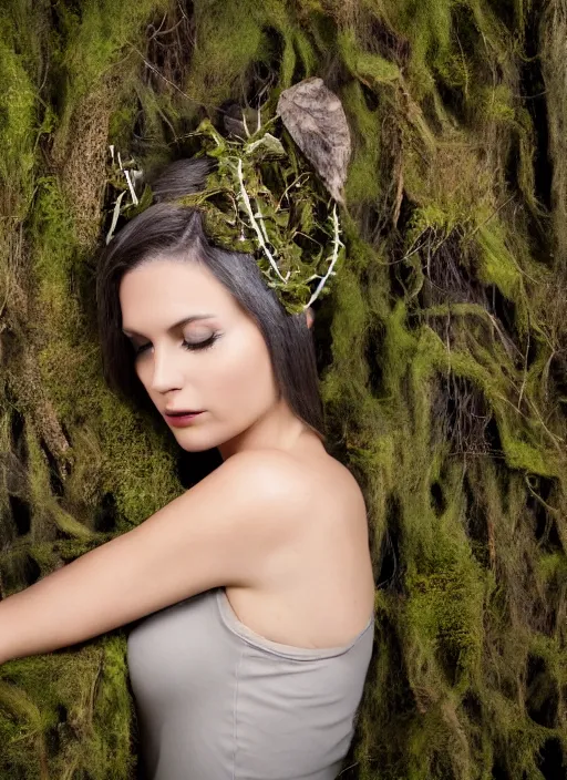 Prompt: a photo of a female model, organic headpiece, fern, vines, horn, moss, fashion photography, realistic, hyperdetails, dark grey backdrop studio, body covered in moss and tree bark texture