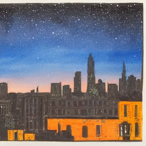 Image similar to night scene of a city. The darkness of the night is illuminated by artificial lighting. The sky is painted with cobalt blue, and shimmers with the light of stars.