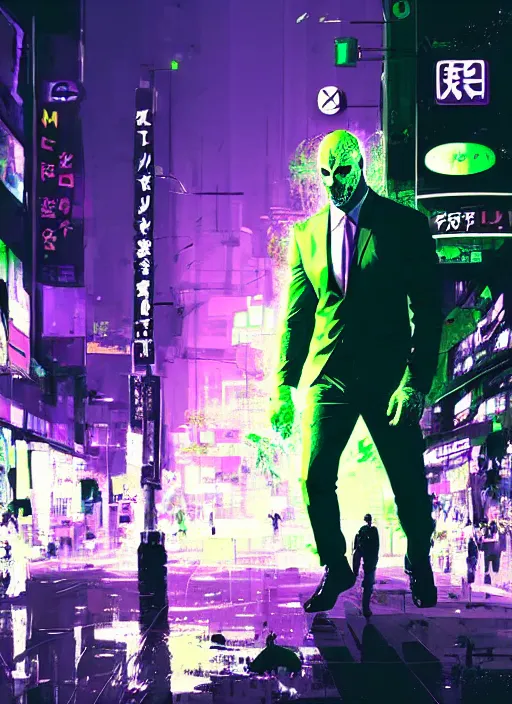 Prompt: jason statham as masked jaguar god walking in shinjuku, green and purple hour by ismail inceoglu