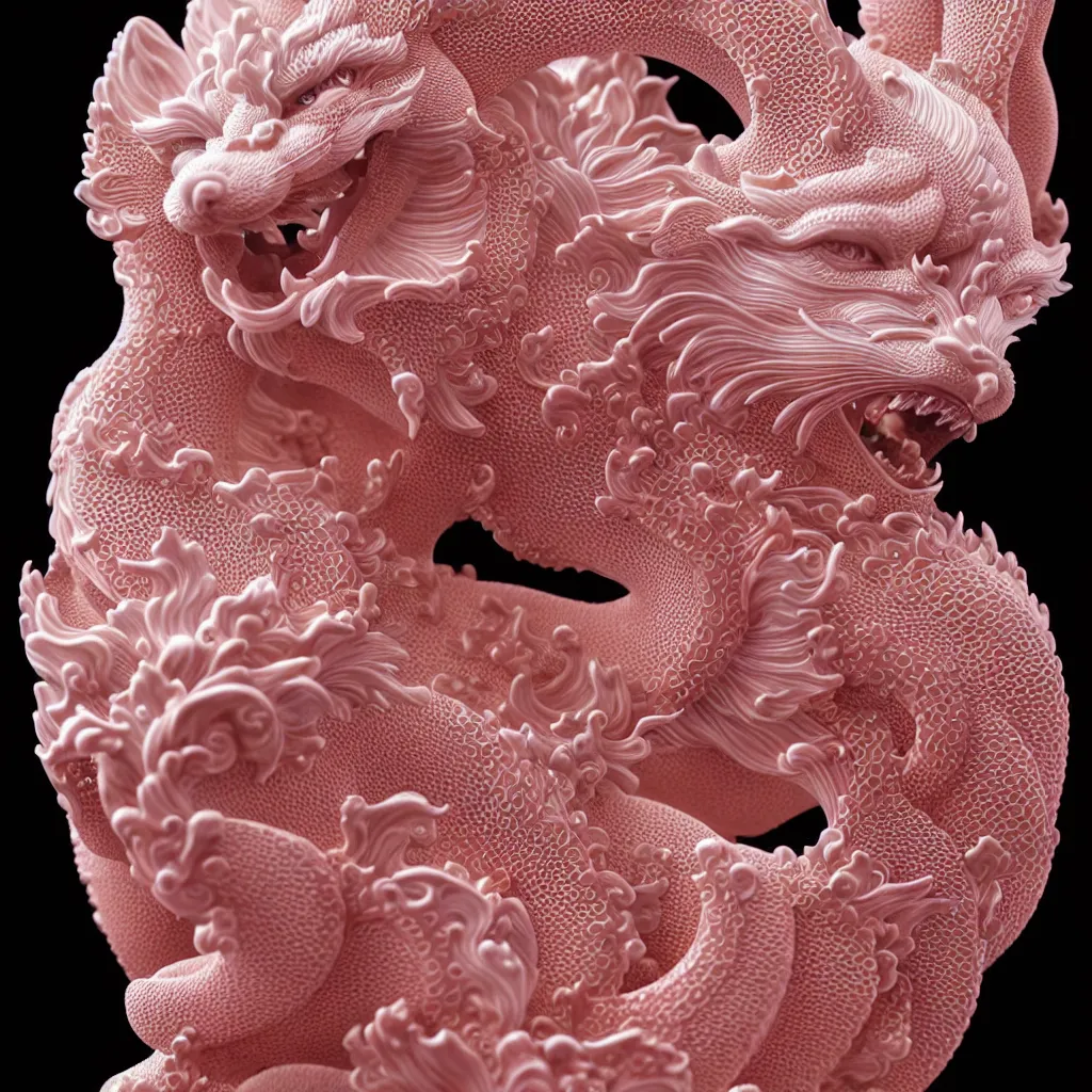 Image similar to A Close up photo-real delicate ceramic porcelain sculpture of an ornate detailed kitsune in front of a intricate background by Victo Ngai and takato yamamoto, micro detail, backlit lighting, subsurface scattering, translucent, thin porcelain, octane renderer, neon lights, hot Pink and Black, physically based rendering, japanese pottery, trending on cgsociety