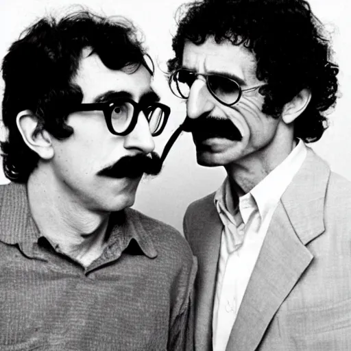 Prompt: a young Woody Allen with Frank Zappa\'s mustache, easy, famous, glossy, bizarrrrre
