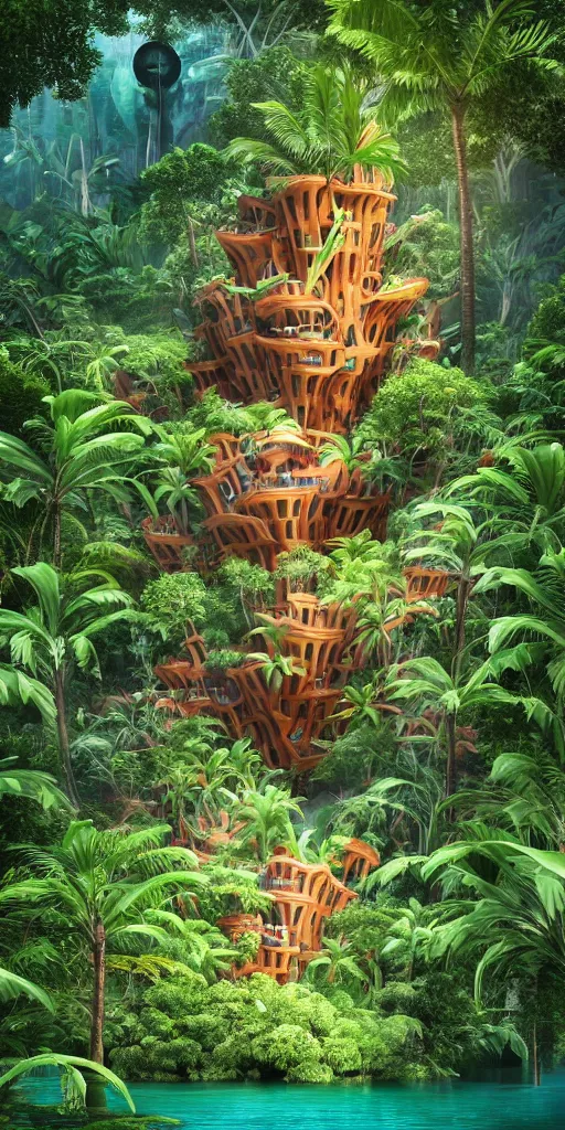 Image similar to of a tropical rainforest lake with strange cute friendly happy creatures with huge eyes, mouth, long tongue, round teeth and goofy face, appearing from the treesl, in the style of gehry and gaudi, macro lens, shallow depth of field, ultra detailed, digital painting, trending artstation, concept art, illustration, cinematic lighting, photorealism, epic, octane render