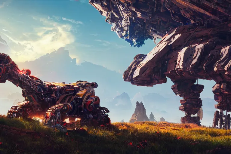 Image similar to rockbreaker machine mecanical creature robot of horizon forbidden west horizon zero dawn radiating a glowing aura global illumination ray tracing hdr fanart arstation by ian pesty and alena aenami artworks in 4 k