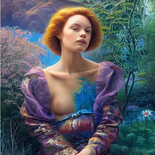 Image similar to A beautiful portrait of a woman with iridescent skin in a scenic environment by James C. Christensen