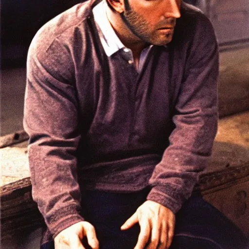 Image similar to sad ben affleck wearing checkered shirt and white cap, soviet movie poster