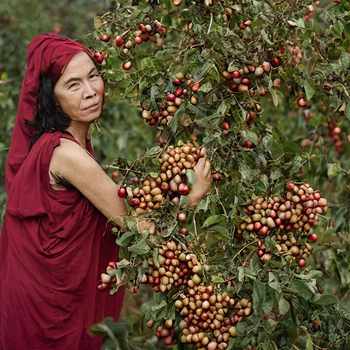 Image similar to a closeup portrait of a woman wearing golden spider silk sea silk seaweeds, picking pomegranates from a tree in an orchard, foggy, moody, photograph, by vincent desiderio, canon eos c 3 0 0, ƒ 1. 8, 3 5 mm, 8 k, medium - format print