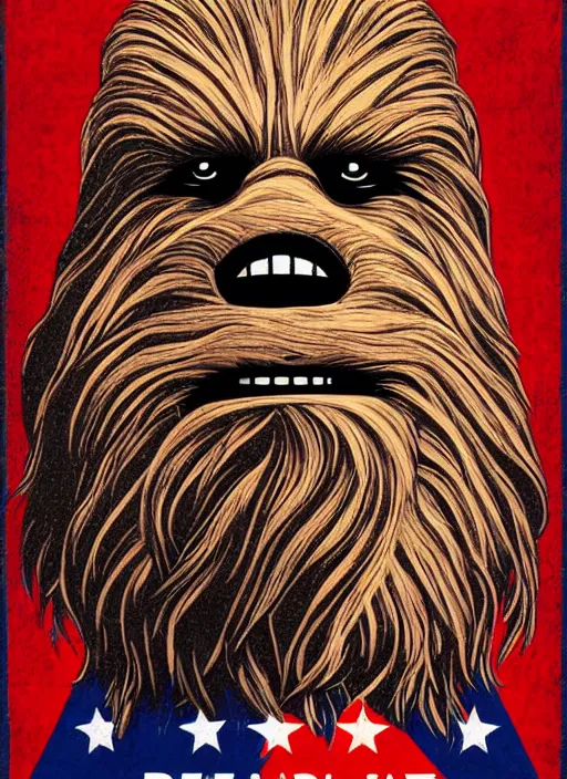 Image similar to chewbacca presidential election poster showing close up of chewbacca face red and blue duotone by sheperd fairey no text