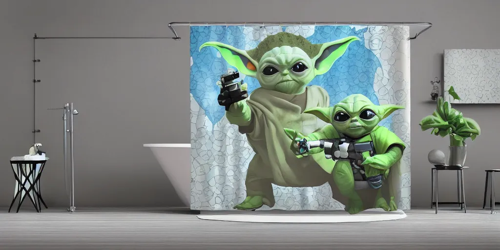 Image similar to a ( ( ( ( ( mando mandalorian ) ) ) ) ) baby yoda playing and running themed shower curtain, shower curtain. product photography. product lighting. digital art. 4 k, highly detailed. saturated. photorealistic.