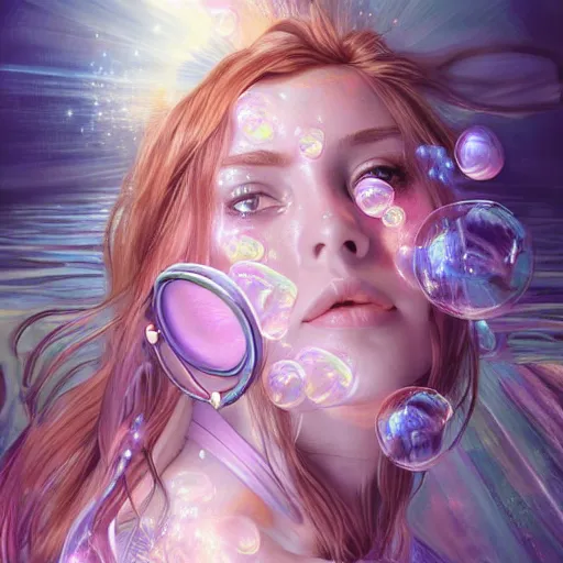 Image similar to dream portrait of a transformer , dreamy and ethereal, expressive pose, big pink eyes, exciting expression, fantasy, intricate, elegant, many rainbow bubbles, rose tones, highly detailed, digital painting, artstation, concept art,cyberpunk wearing, smooth, sharp focus, illustration, art by artgerm and greg rutkowskiand alphonse mucha, Salvador Dali