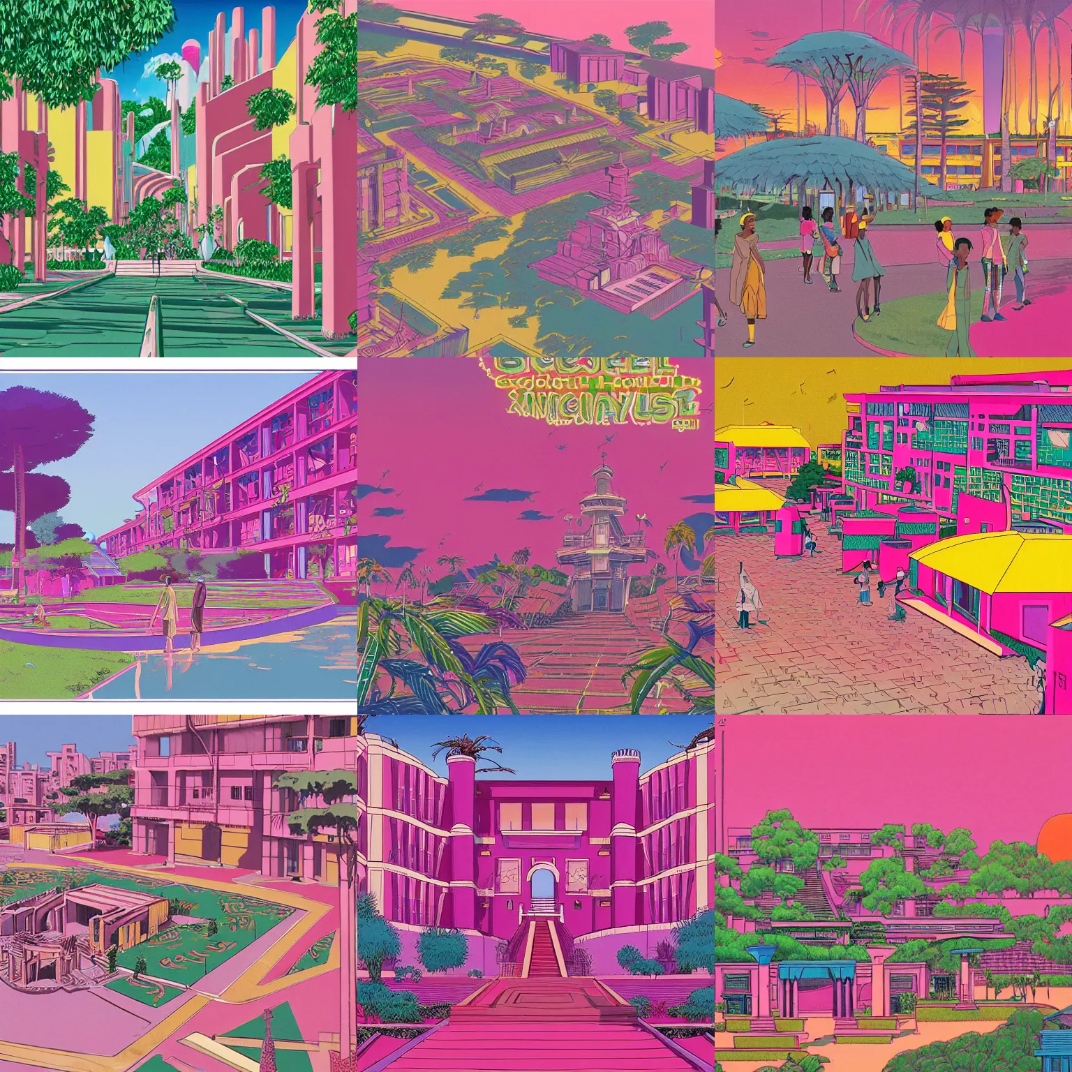 Prompt: senegalese college university campus in the year 1 9 9 0, beautiful landscape, concept art illustration, by studio ghibli and denys cowan, breathe of the wild style, hot pink and gold color scheme, 3 2 k, hd, intricate details, epic composition, perfect rules of thirds