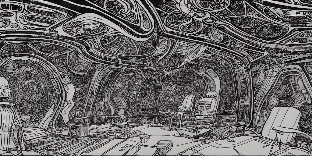 Prompt: cinematic shot of the interior of a sci-fi spaceship made with ornate elven architecture and highly advanced technology, intricate linework, style of Jean Giraud Moebius comic art