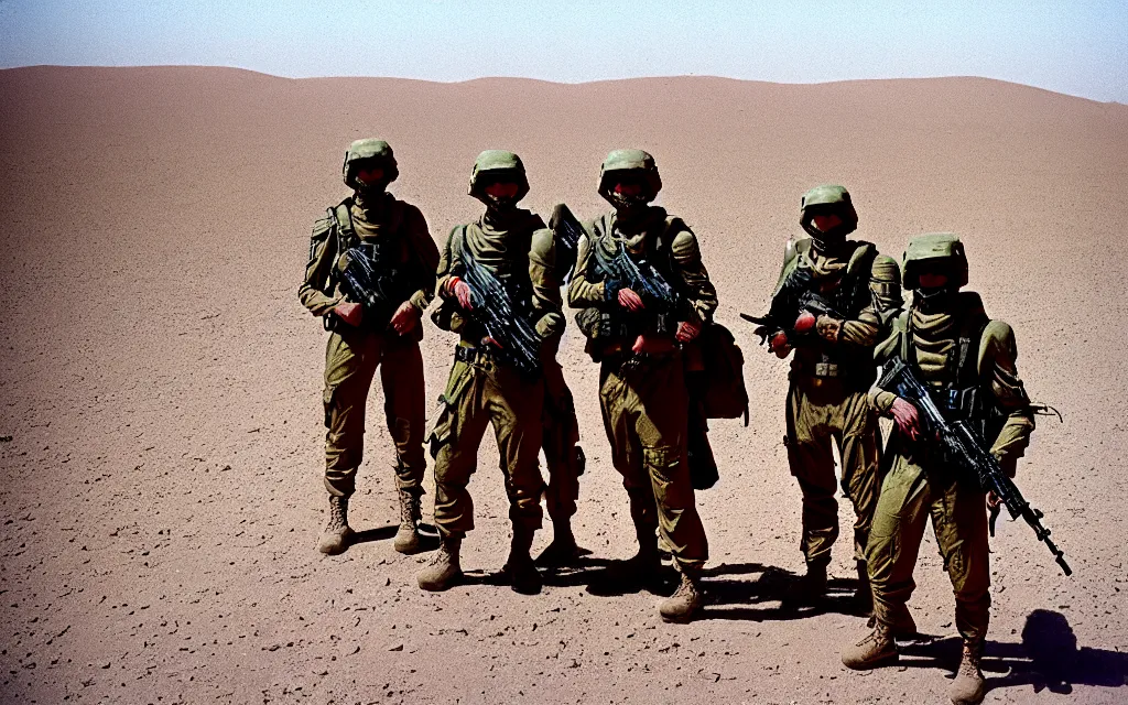 Image similar to in a dusty red desert, a team of five swat future soldiers in dark green tactical gear like death stranding and halo hike. They 're afraid. mid day, heat shimmering, color, 35mm film photography, lawrence of arabia