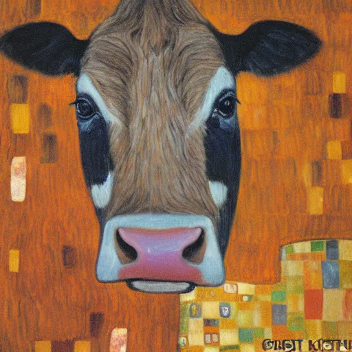 Prompt: painting of a cow by Gustav Klimt, dark