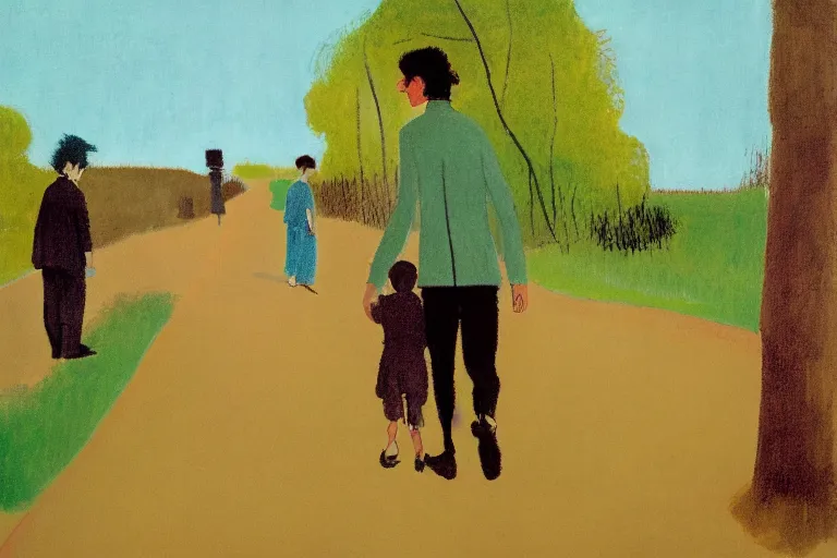 Image similar to a very tall man with dark hair holding the hands of a short young boy with dark hair as they walk down a suburban highway on a bright beautiful colorful day. part in the style of an edgar degas painting. part in the style of david hockney