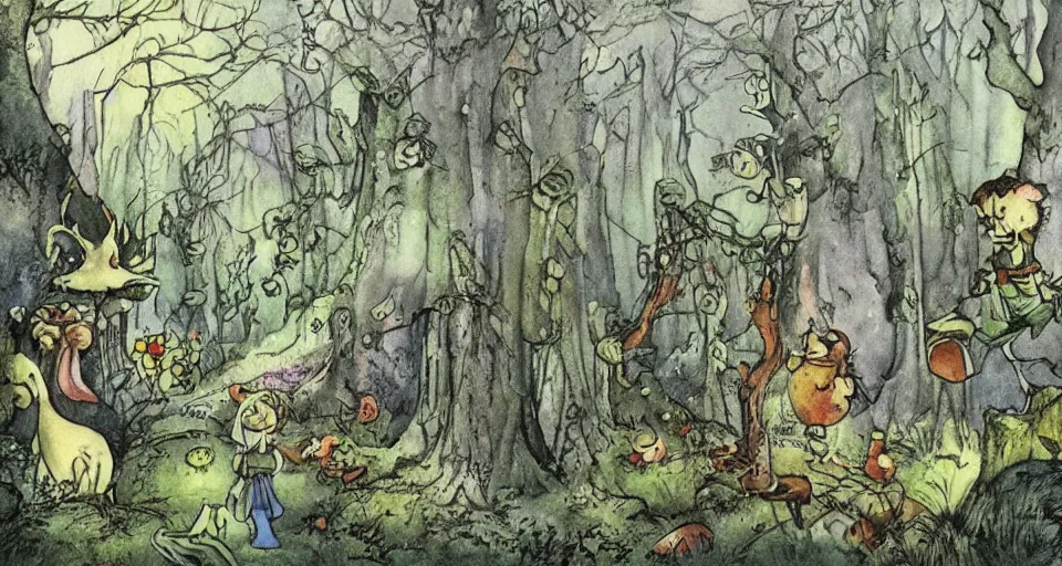 Image similar to Enchanted and magic forest, by Raymond Briggs