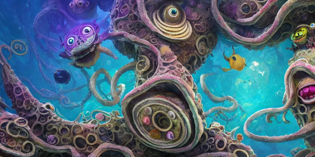 Image similar to of an intricate sea reef with strange cute friendly happy creatures with huge eyes, mouth, long tongue, round teeth and goofy face, appearing from the background, in the style of gehry and gaudi, macro lens, shallow depth of field, ultra detailed, digital painting, trending artstation, concept art, illustration, cinematic lighting, photorealism, epic, octane render