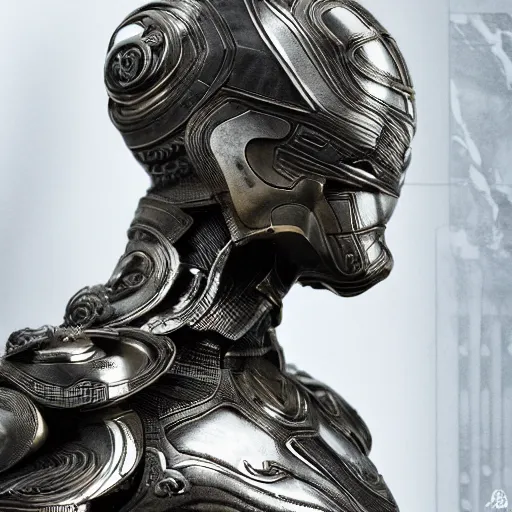 Image similar to Prometheus Engineer, highly detailed, symmetrical long head, smooth marble surfaces, detailed ink illustration, raiden metal gear, cinematic smooth stone, deep aesthetic, concept art, post process, 4k, carved marble texture and silk cloth, latex skin, highly ornate intricate details, in the style of frank miller