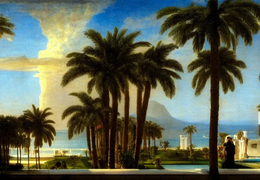 Image similar to The biggest palace ever made, thunderstorm, greek pool, beach and palm trees on the background major arcana sky, by paul delaroche, hyperrealistic 8k, very detailed