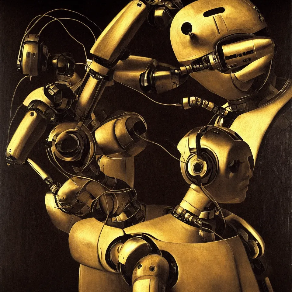 Prompt: robot with a headphone by caravaggio, dynamic lighting, cinematic, epic composition, masterpiece