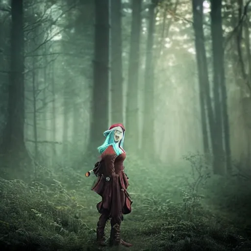 Prompt: stunning, breathtaking photo of a beautiful elf with blue hair and elf ears in a hazy forest at dusk. trending on artstation. dark, moody, eerie lighting. brilliant use of glowing light and shadow. sigma 8 5 mm f / 1. 4