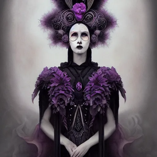 Image similar to tom bagshaw, soft painting fractal curiosities carnival, very beautiful female rabbit in full ornated nightshade gothic dress, partial symmetry accurate features, focus, very intricate ultrafine details, black white purple volumetric clouds, award winning masterpiece, octane render 8 k hd