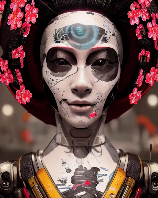 Prompt: an epic fantastic realism comic book style portrait painting of a japanese robotic geisha with kanji tattoos and decals, cherry blossom rain everywhere, apex legends, octane render, intricate detail, 4 k hd, unreal engine 5