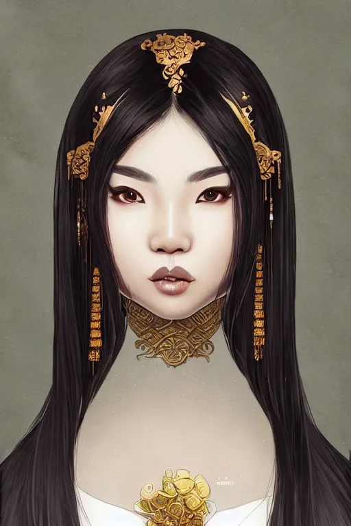 Image similar to A bust of a beautiful dark skinned Chinese girl with lovely lips and smooth eyebrows and straight hair, HD, illustration, epic, fantasy, intricate, elegant, amazing detail, digital painting, artstation, concept art, smooth, sharp focus, illustration, art by Turine Tran