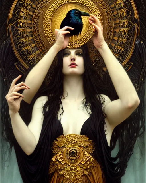 Image similar to goddess of ravens, unusual beauty, emotionally evoking symbolic metaphors, head in focus, fantasy, ornamental, intricate, elegant, sensual, highly detailed digital painting, artstation, concept art, painterly, golden ratio, sharp focus, illustration, art by John Collier and Krenz Cushart and Artem Demura and Rafael and Alphonse Mucha and Albert Aublet