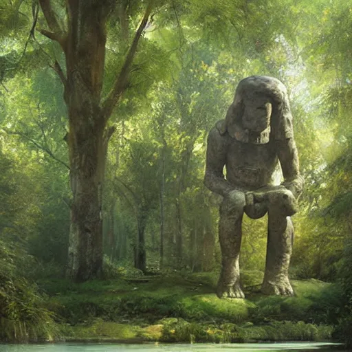 Image similar to ancient stone golem resting beside a pond inside a forest, statue, oil painting, by Greg Rutkowski