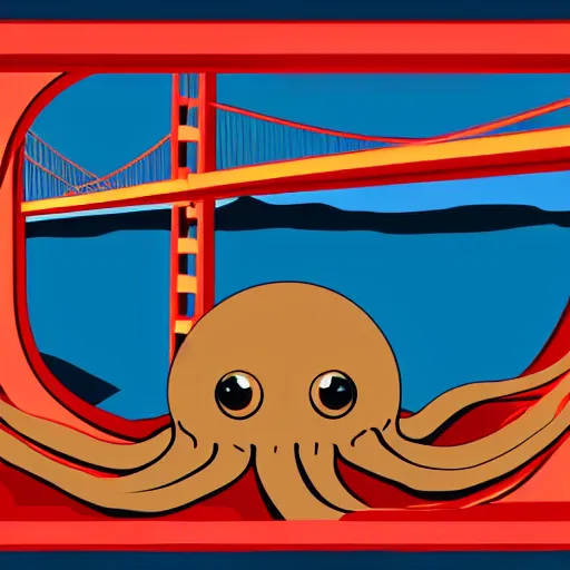 Image similar to giant octopus on the golden gate bridge, sticker design vector art, 8k, trending on artstation