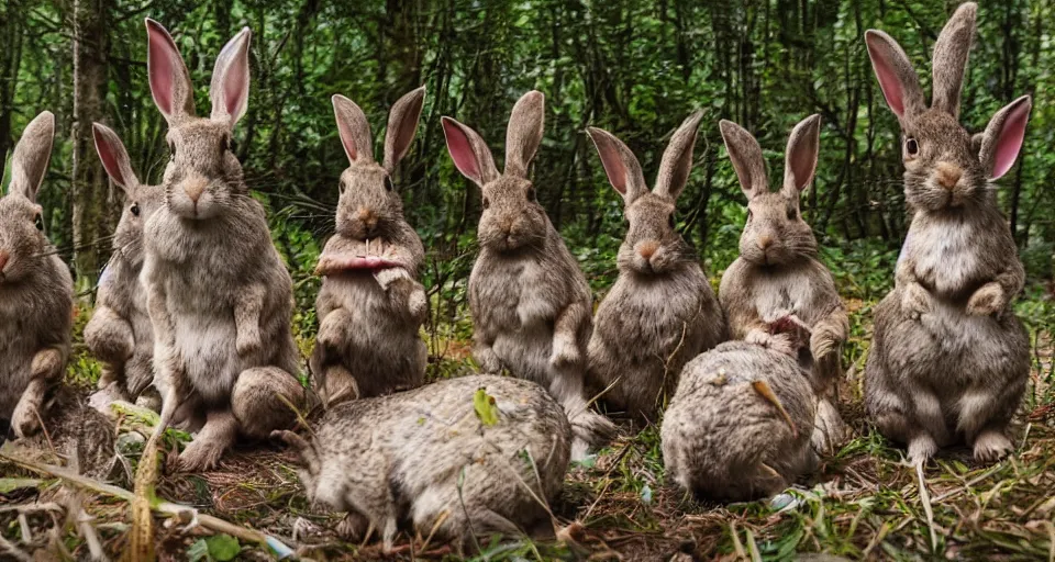 Prompt: shamanic ritual, A group of rabbits performing a shamanic ritual in a forest