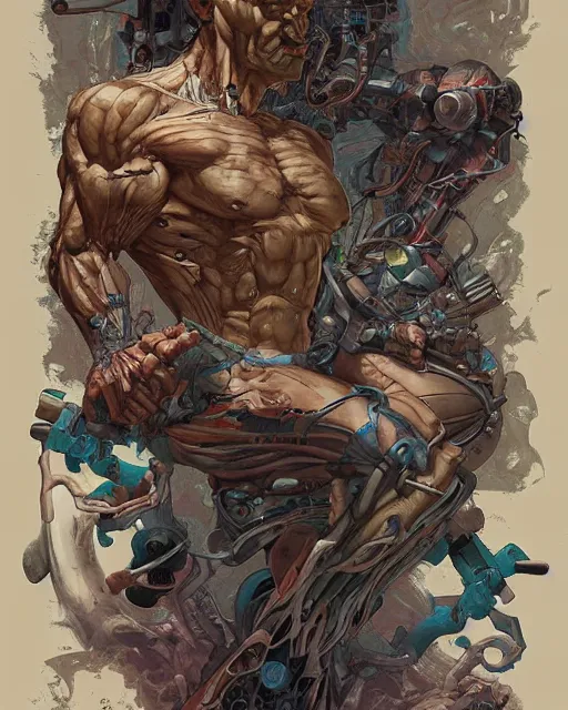 Image similar to pixel art of human muscular anatomy and cyborg hybrid by peter mohrbacher, by katsuya terada, by paul pope, by roger dean