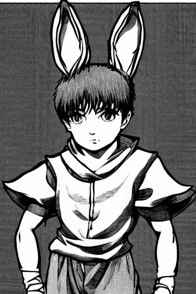 Image similar to attractive little boy wearing an bunny suit, black and white artwork in manga style, made by kentaro miura