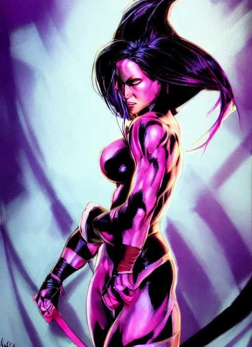 Prompt: psylocke, high contrast, concept art, dramatic lighting, portrait, facing forward, face in focus, art by Jim Lee-i