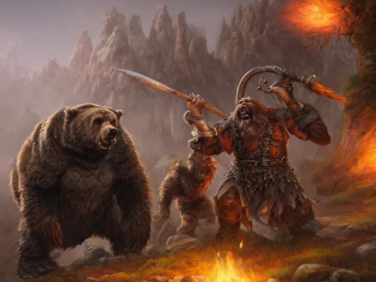 Image similar to High Fantasy Dwarf fights Grizzly Bear, RPG Portrait, Oil Painting, Trending on Artstation, octane render, Insanely Detailed, 8k, HD