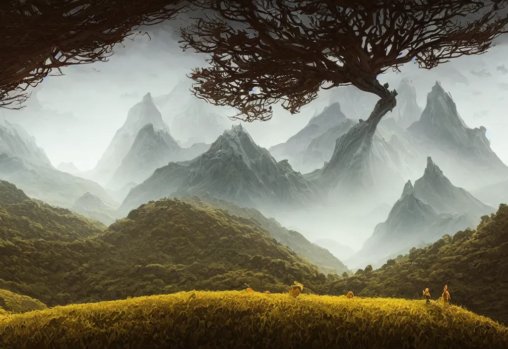 Image similar to mountain landscape without people, high trees, top of the hill, above low layered clouds, deep focus, fantasy, intricate, elegant, highly detailed, digital painting, artstation, concept art, matte, sharp focus, illustration, hearthstone, art by rhads and artgerm and greg rutkowski and alphonse mucha. gediminas pranckevicius