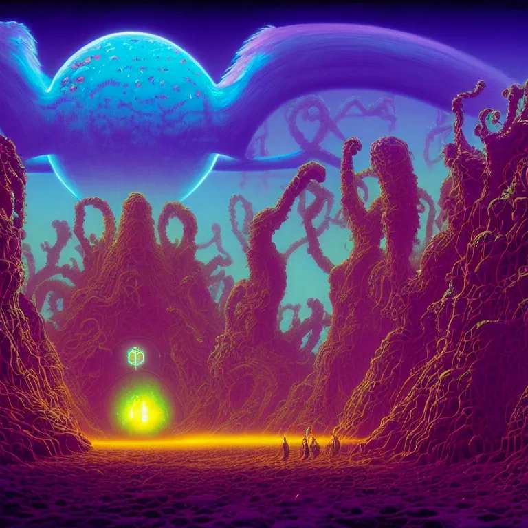 Image similar to aggrgoth styled, strange mysterious creatures, infinite quantum portal, synthwave, bright neon colors, highly detailed, cinematic, panoramic, tim white, michael whelan, roger dean, bob eggleton, chris foss, vladimir kush, kubrick, kimura, isono