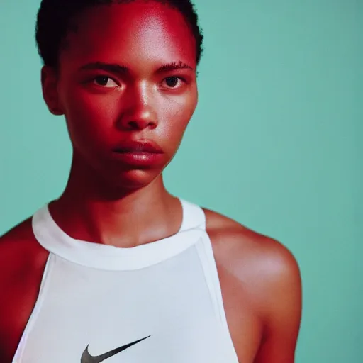 Image similar to realistic! photoshoot for a new nike lookbook, color film photography, portrait of a beautiful woman, red frontal light, in style of tyler mitchell, 35mm