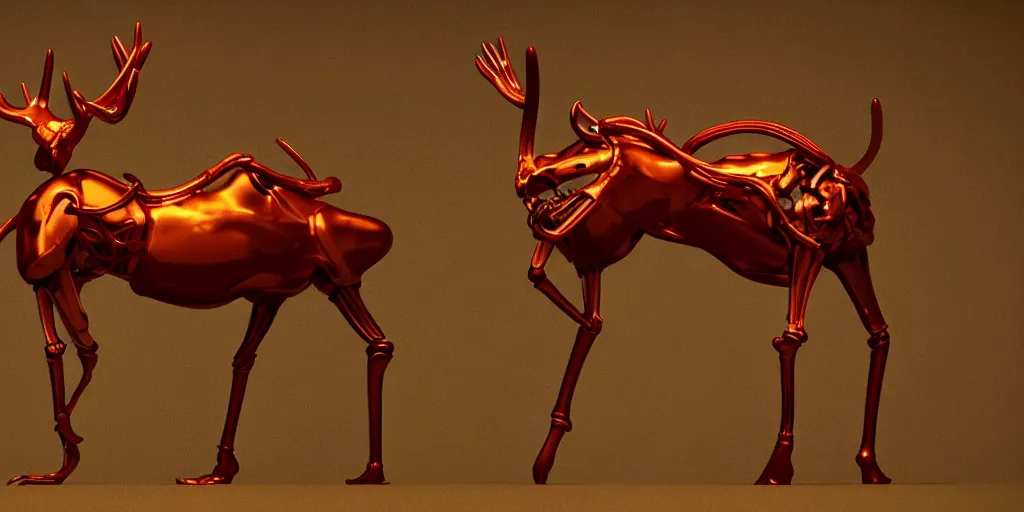 Prompt: stylized shiny polished gold statue full body bizarre extra limbs cosmic horror quadruped animal moose deer skull four legs made of marble of slug worm creature tendrils perfect symmetrical body perfect symmetrical face hyper realistic hyper detailed by johannen voss by michelangelo octane render blender 8 k displayed in pure white studio room anatomical deep red arteries veins flesh hell