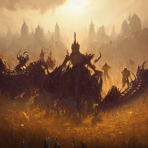 Prompt: 7 knights in golden armor watching a dead dragon body crushed in a field, fantasy, highly detailed, digital painting, artstation, concept art, illustration, art by Greg Rutkowski