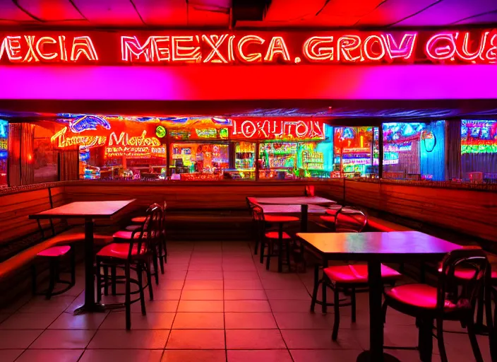 Image similar to photo of a mexican restaurant, neon lights, in a flat snowy field. 35mm. Very detailed 8k. Sharp. Cinematic post-processing. Unreal engine. Nanite. Ray tracing. Parallax. Tessellation