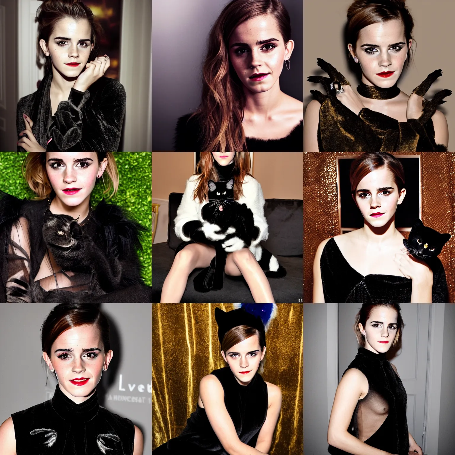 Prompt: photo, face portrait, emma watson in a black velvet cat costume, at a halloween party, at night, in a living room, harsh flash photography