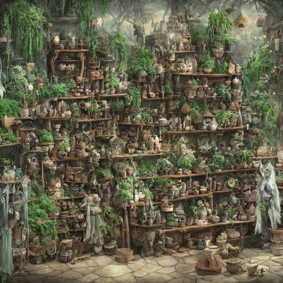 Prompt: small witch shop, counter, cauldrons, potions, visitor!!! in a pointy hat!!, holding an owl, ferns and plants in pots, highly detailed, sharp focus, matte painting, by studio ghibli, by giovani magana,