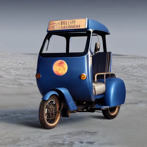 Image similar to a dark blue bajaj tuk tuk traveling on the surface of the moon, moon craters, night sky, milky way, hard lighting, matte painting, concept art, 4k