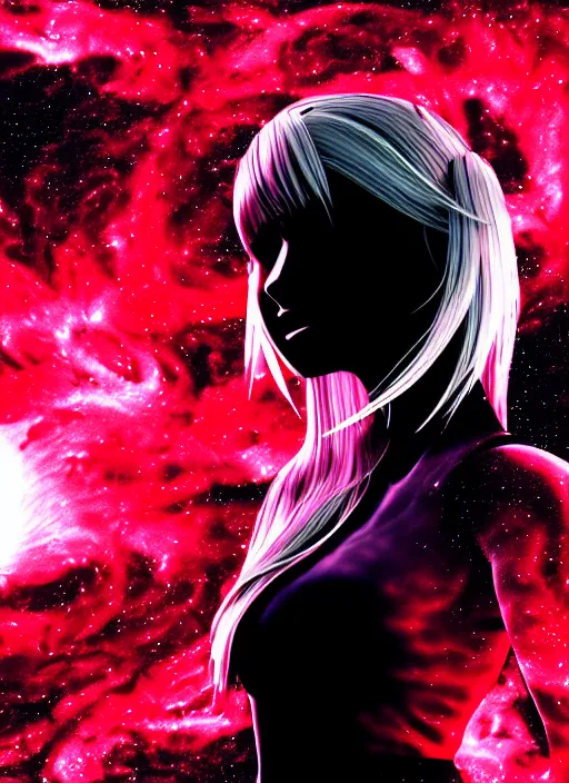 Prompt: Art collage of a hopeful pretty astronaut lady with a wavy blonde hair, 4k resolution, nier:automata inspired, bravely default inspired, vibrant but dreary but upflifting red, black and white color scheme!!! ((Space nebula background))