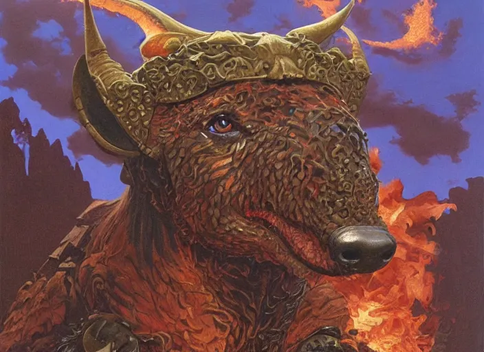 Prompt: Highly detailed oil painting of a dachshund balrog, intricate artwork by Angus McBride, John Howe, Matthew Stewart, Ted Nasmith, heroic fantasy