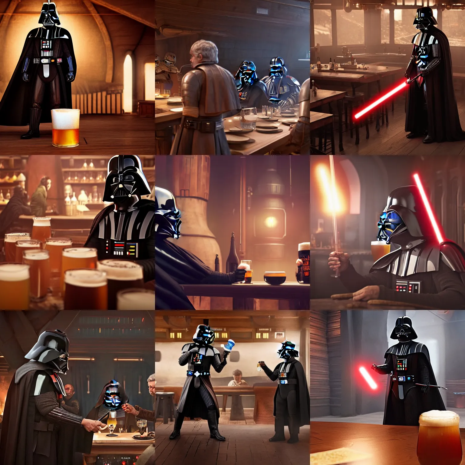 Prompt: darth vader rising his beer in a tavern in the star wars movie, hyperrealistic, unreal engine, octane render, 4 k, detailed, studio lighting, very detailed by clemens ascher and george lucas