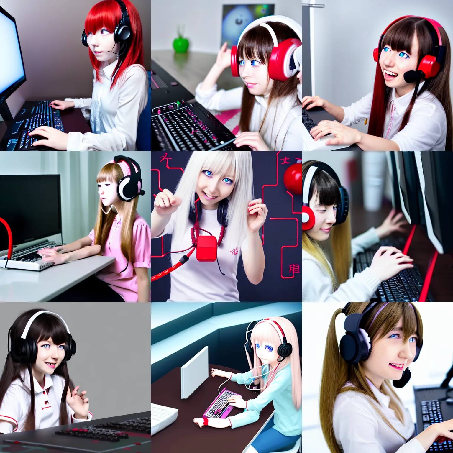 Prompt: white long haired red eyed young cute girl wearing headset playing computer game mika pikazo, anmi, yumei style